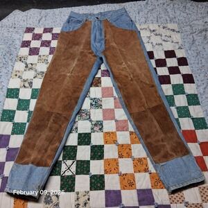 Vintage Seruchi Chap Style Jeans With Leather Suede 26 Waist 30 Inseam Western